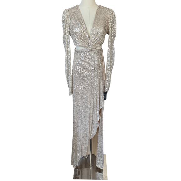 Ieena Mac Duggal 26739 Long Sleeve Sequined Gown Maxi Dress Nude Gold Size 2 NWT - Picture 2 of 10